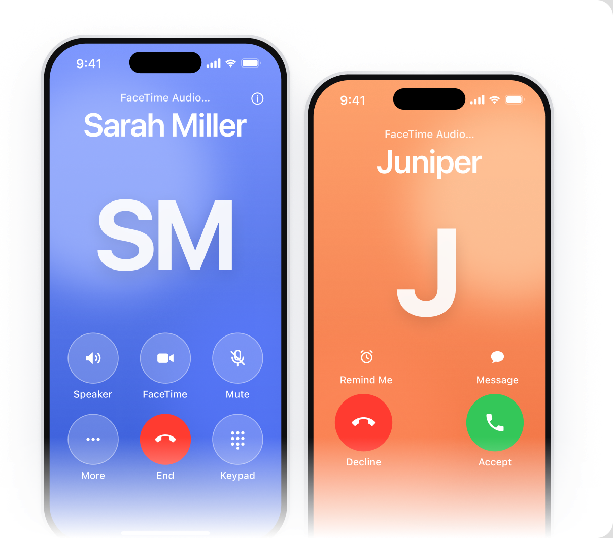 Two iPhones showing FaceTime Audio calls