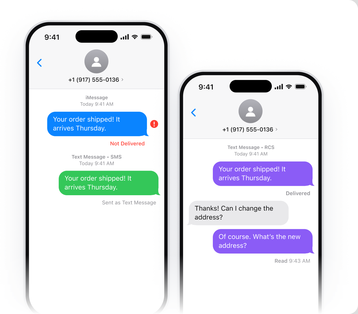 Two iPhones showing a message delivered as iMessage and as SMS