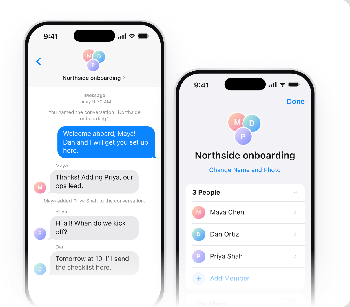 Two iPhones showing a client onboarding group chat