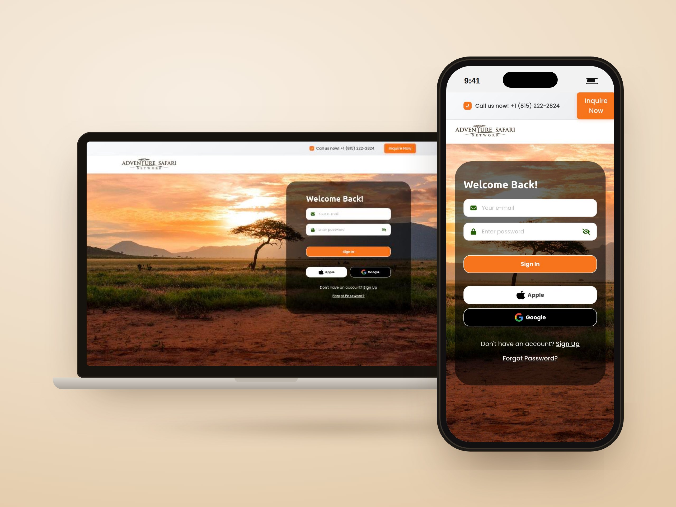 Adventure Safari Network portal sign-in on laptop and phone