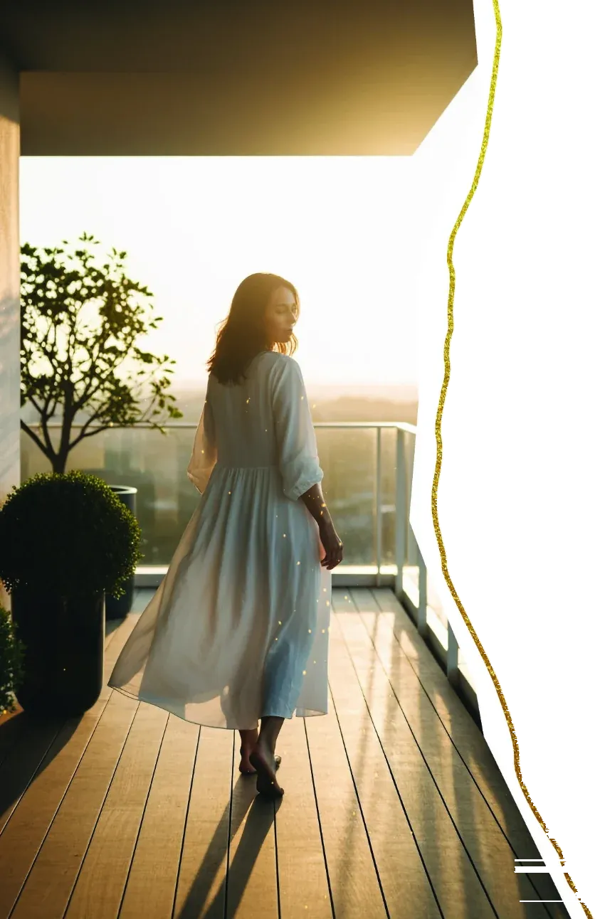 A woman on a sunlit balcony at sunset