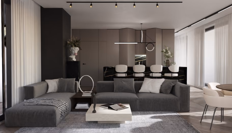 Contemporary living room with modern furniture, neutral tones and an open-plan dining area.