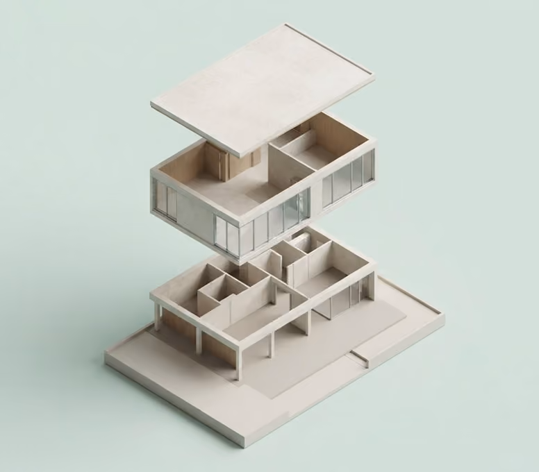 Exploded isometric architectural model showing the different levels and interior layout of a modern residential building.