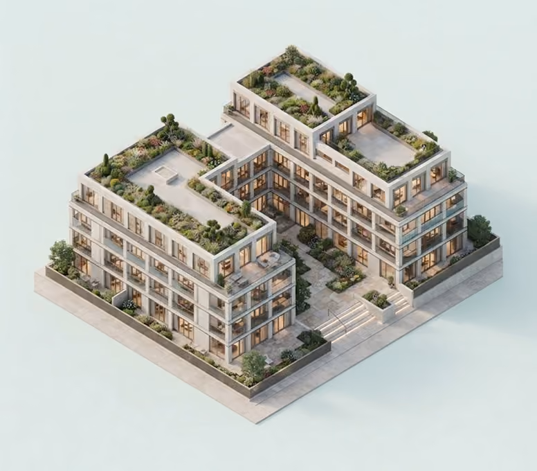 Isometric architectural visualization of a contemporary residential complex featuring landscaped terraces, balconies and modern building design.