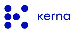 Logo with a pattern of eight blue circles arranged to form a stylized letter K followed by the word 'kerna' in bold blue lowercase letters.