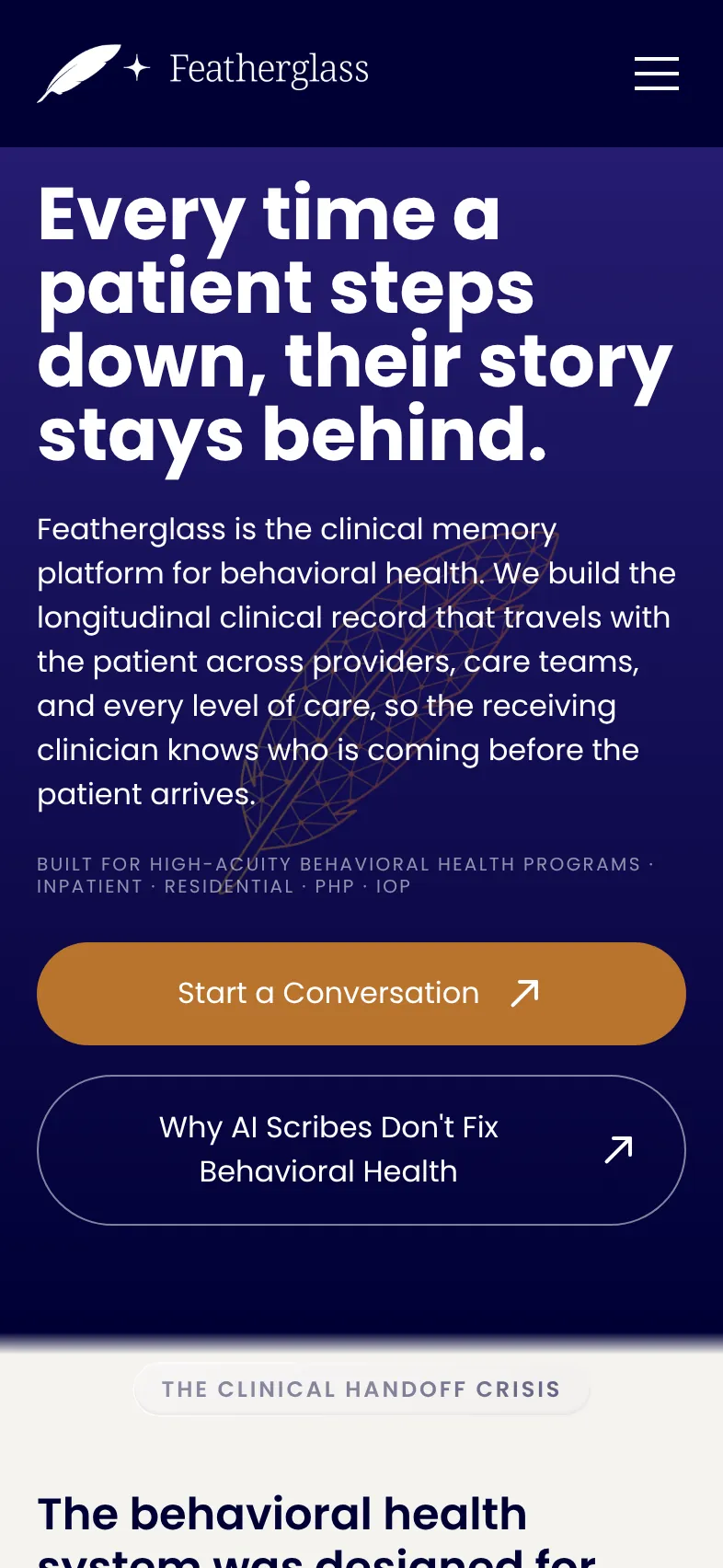 Featherglass website, mobile view