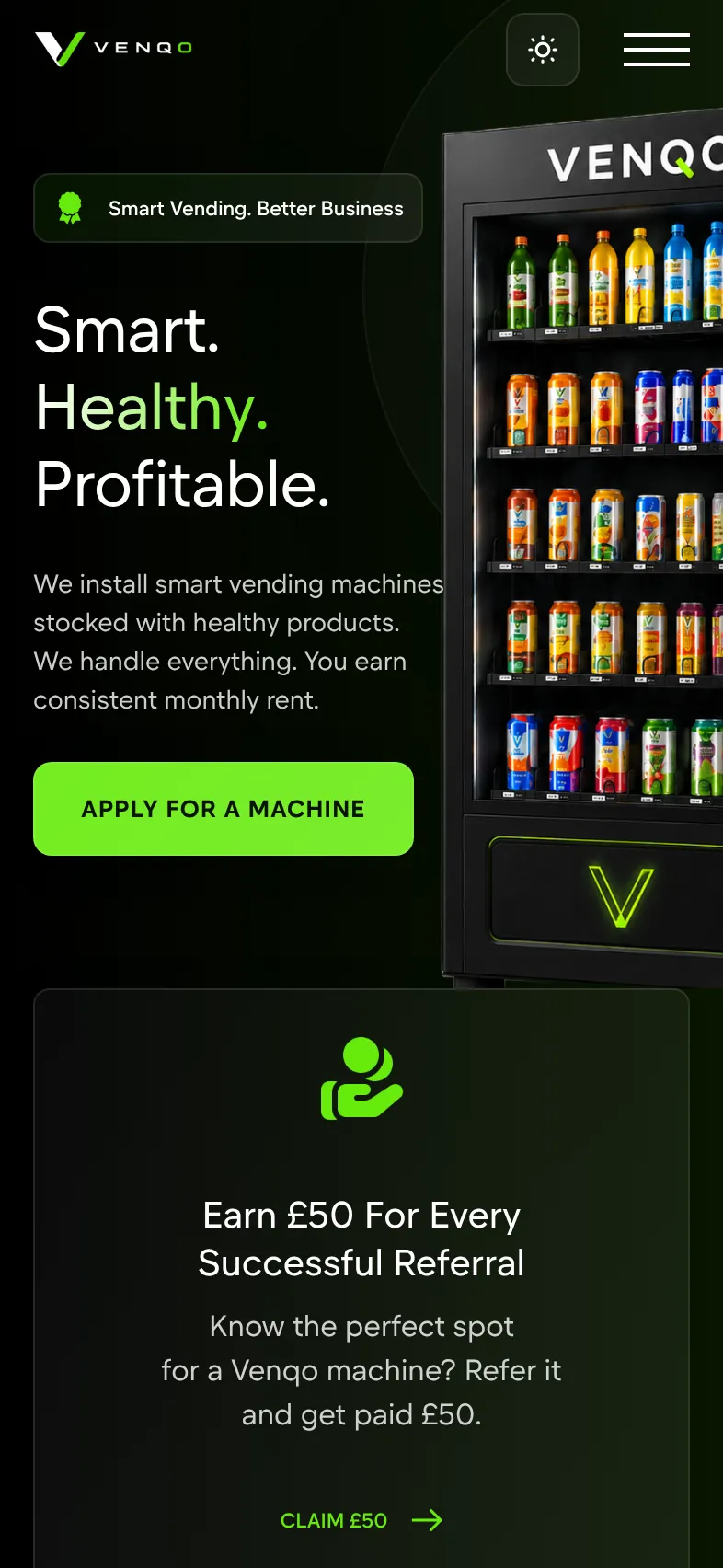 Venqo website, mobile view