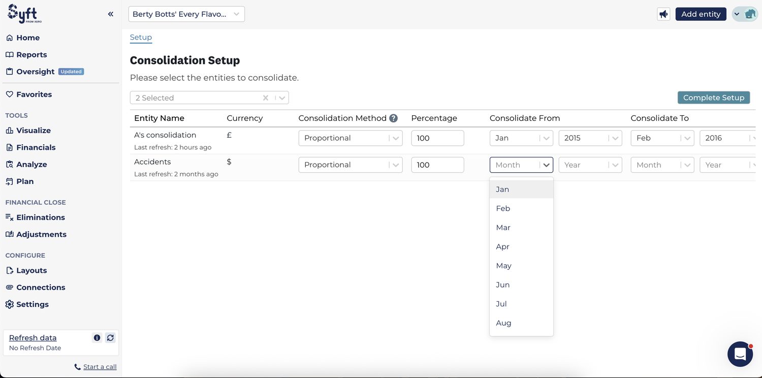 Syft's Consolidation Setup screen, listing two entities with their currencies, consolidation method, ownership percentage and the period range to consolidate from and to.