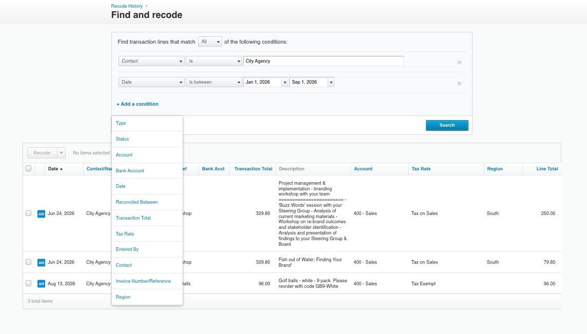Xero's Find and recode screen, filtering transaction lines by contact and date range, with the condition menu open showing account, tax rate and other fields.