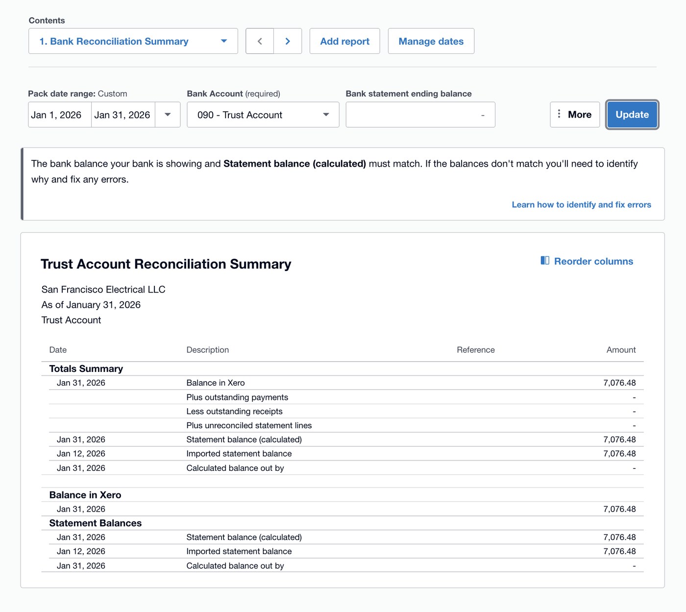 Xero's Bank Reconciliation Summary report: balance in Xero, plus outstanding payments, less outstanding receipts, plus unreconciled statement lines, statement balance calculated, imported statement balance, and the amount the calculated balance is out by.