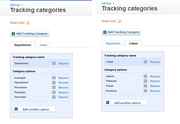 Xero's tracking categories screen shown with each of its two tabs selected. The first category holds four options and the second holds three, and there are no further tabs.