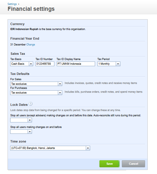 Xero financial settings showing tax basis set to accrual and two lock date fields: one stopping all users except advisors making changes on or before the date, and one stopping all users including advisors.