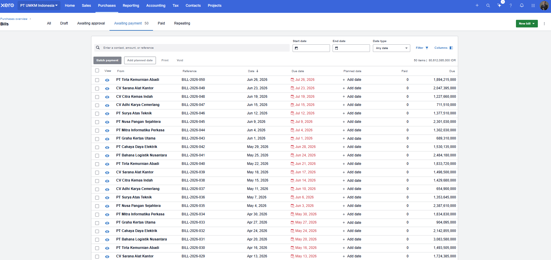 Xero's bills queue with tabs for all, draft, awaiting approval, awaiting payment and paid. An approved but unpaid bill is open, showing the coded line item, tax and total, with payment offered as a separate action.