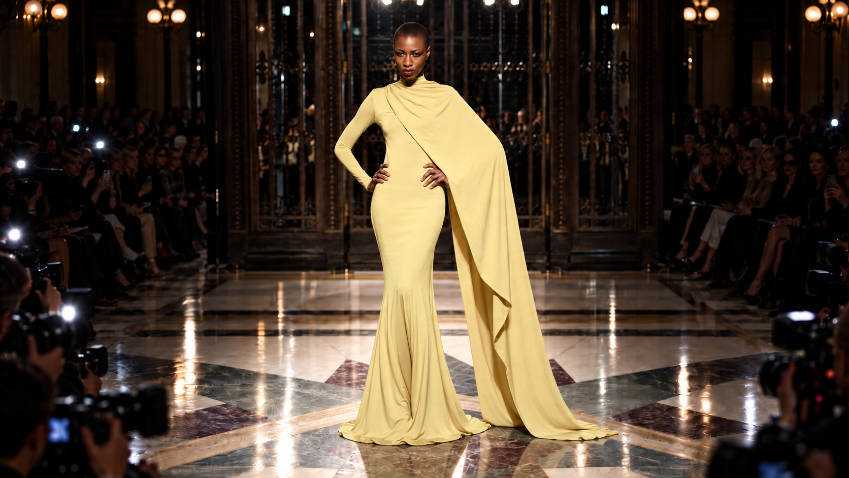 BODYAMR runway — Yellow cape evening gown
