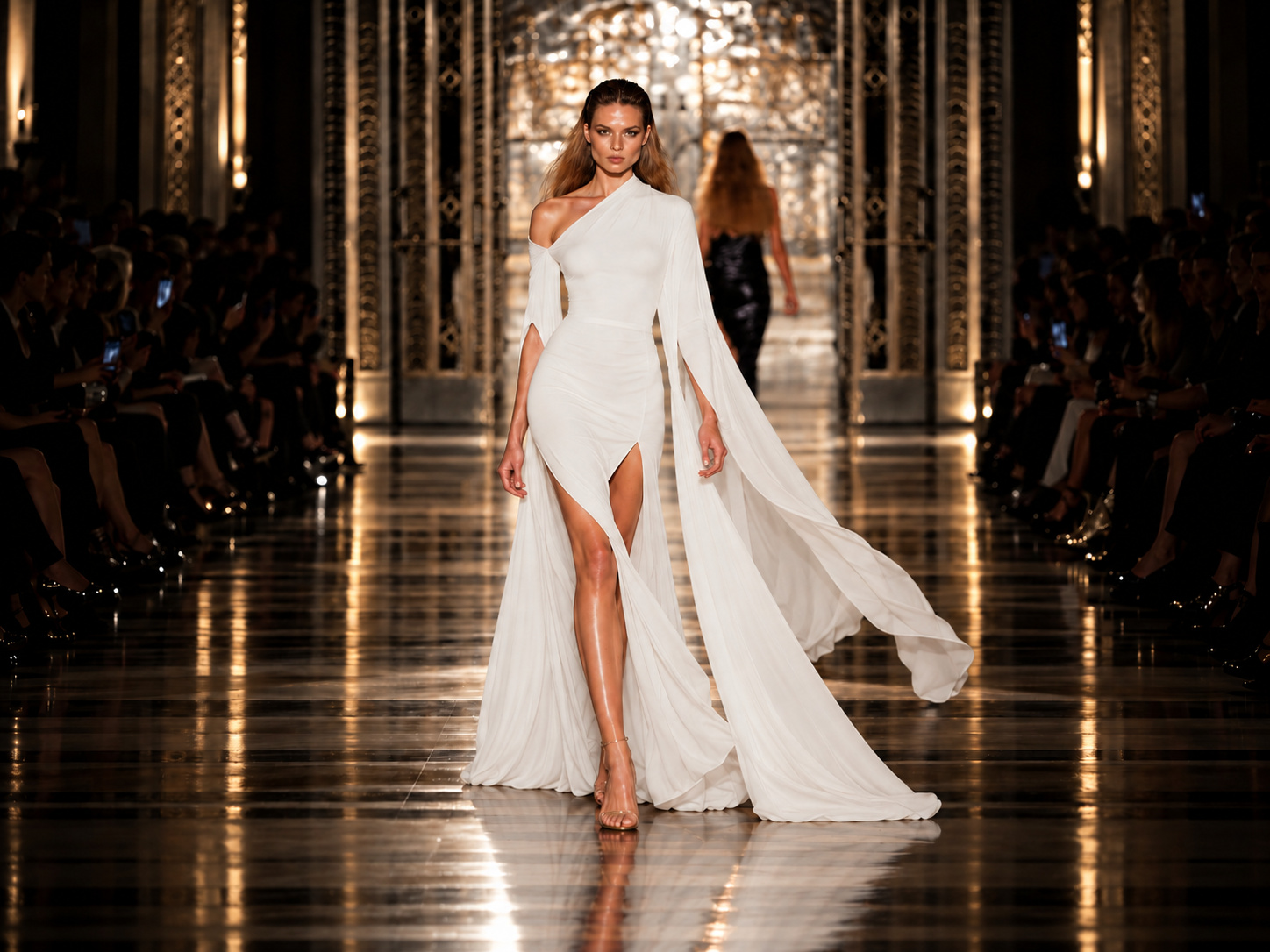 BODYAMR runway — Ivory asymmetric evening gown