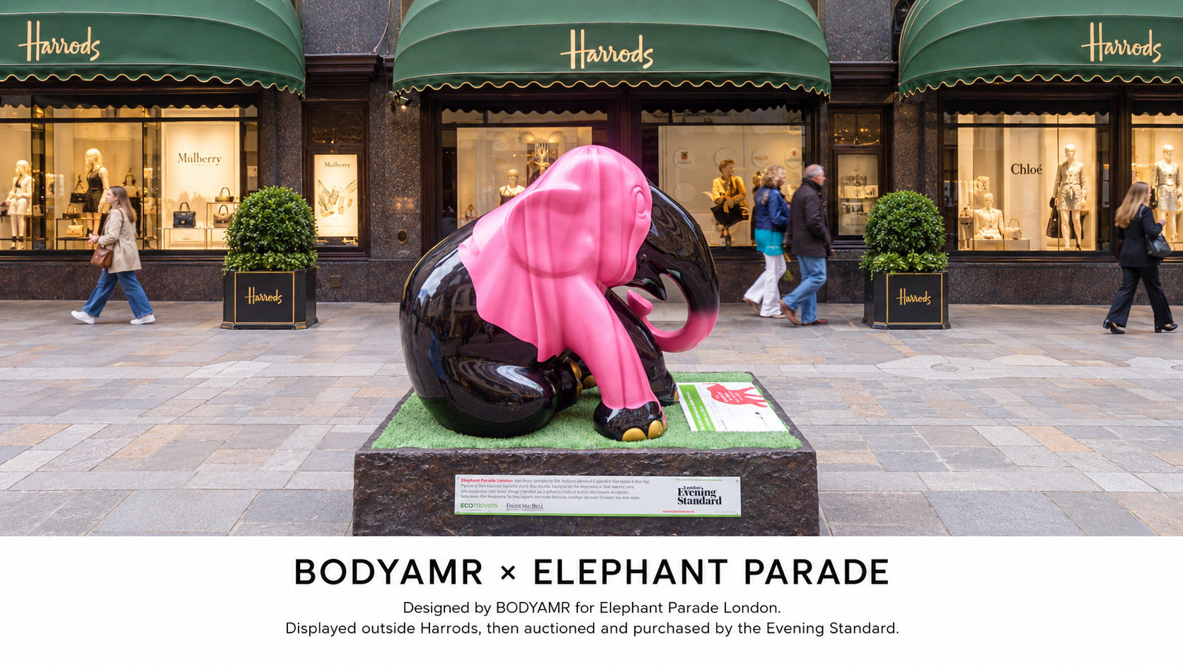 BODYAMR × Elephant Parade London sculpture outside Harrods