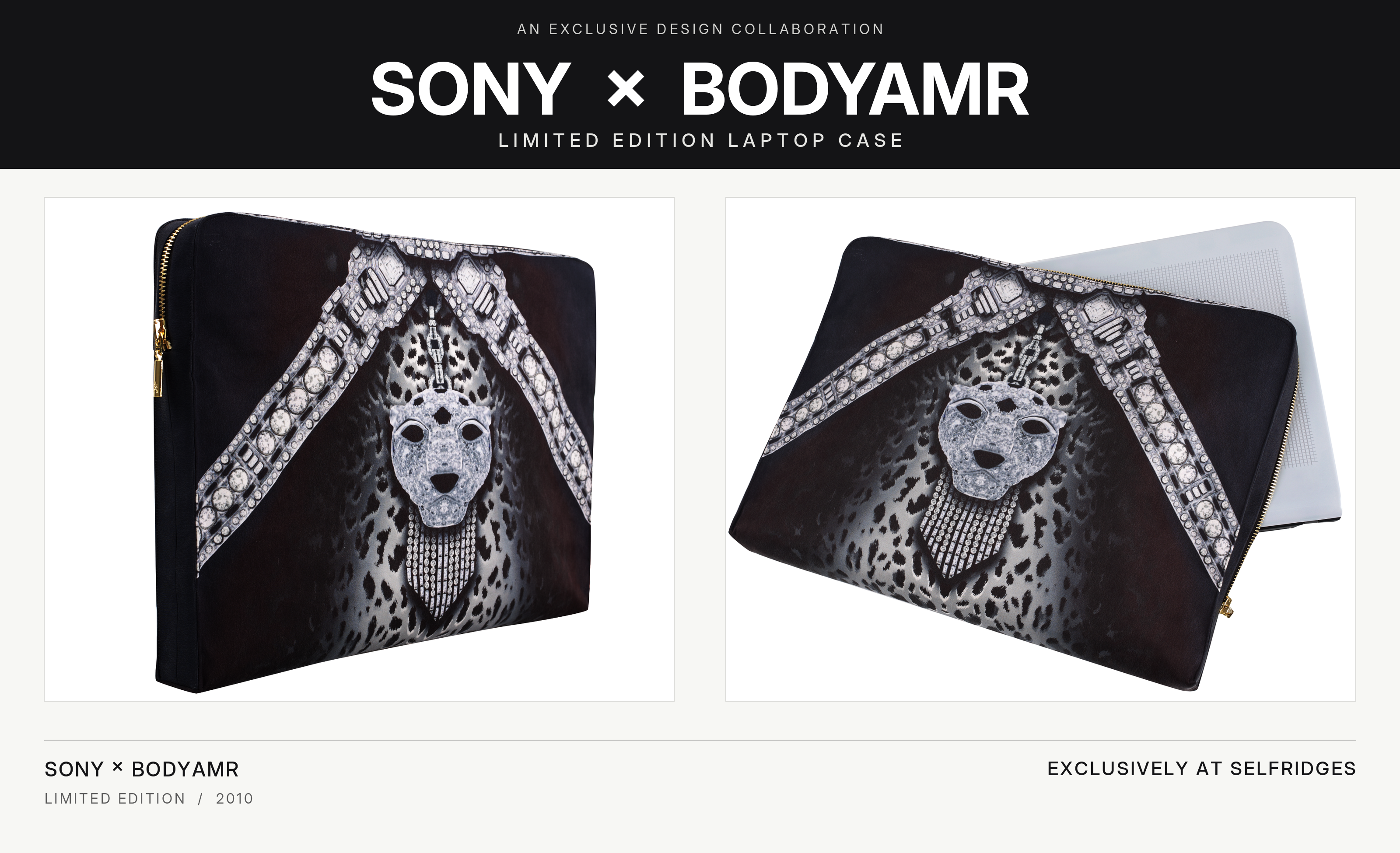 SONY × BODYAMR limited-edition laptop case advertisement showing both original leopard-print cases, 2010
