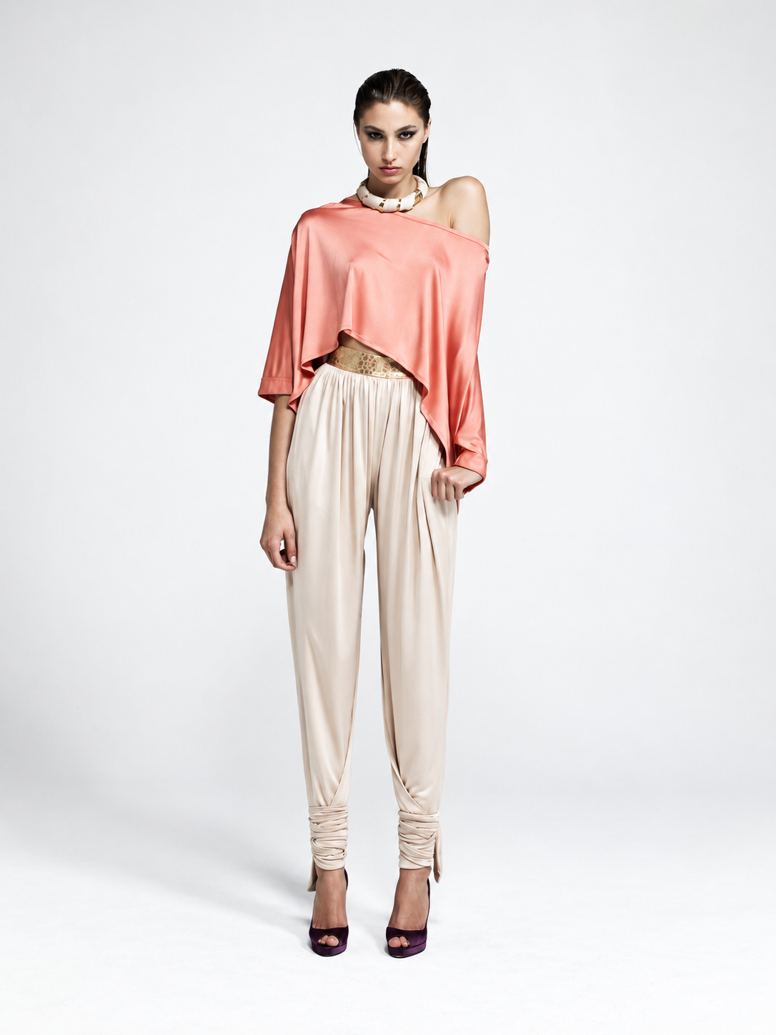 BODYAMR Collection 2011 salmon-pink satin cropped top and cream ruched trousers