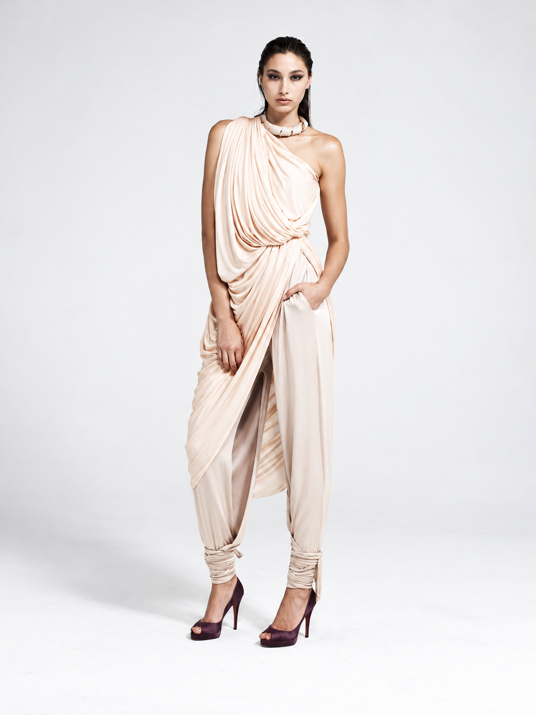 BODYAMR Collection 2011 asymmetrically draped ivory silk top and gathered trousers