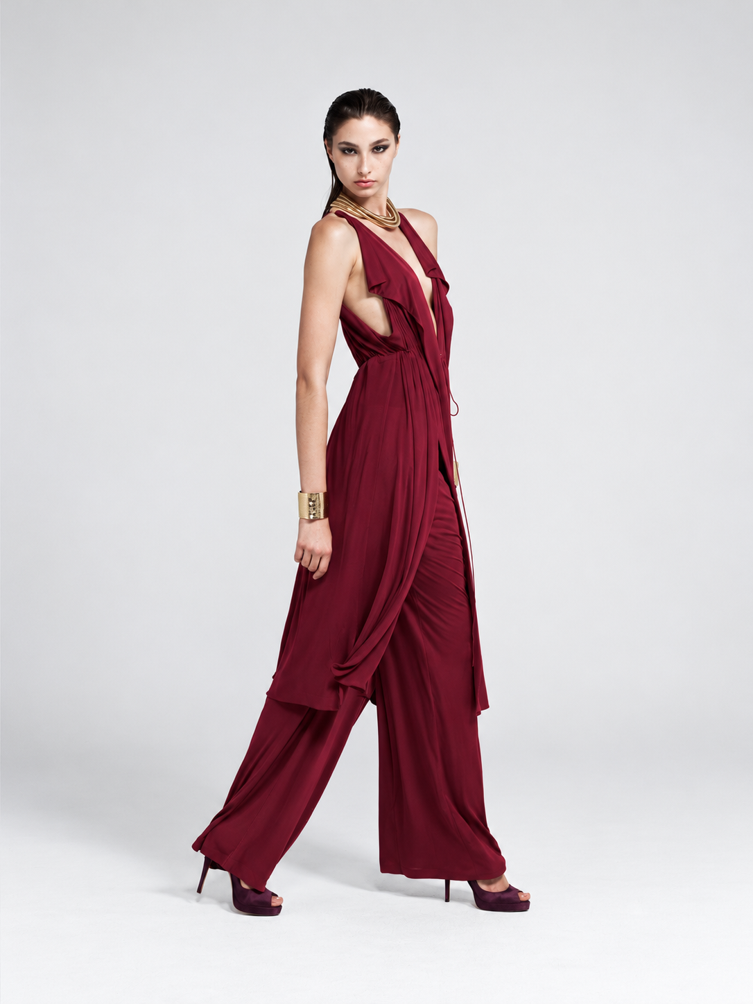 BODYAMR 2011, burgundy draped eveningwear and wide-leg trousers