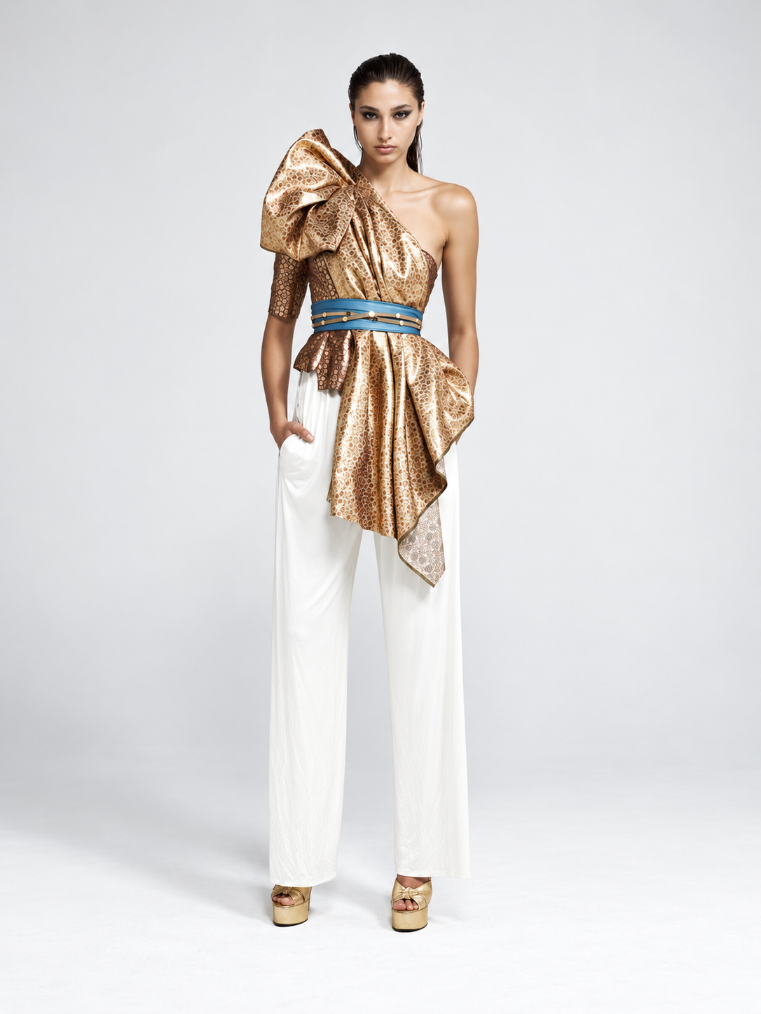 BODYAMR 2011, gold asymmetric brocade sculptural top with ivory wide-leg trousers