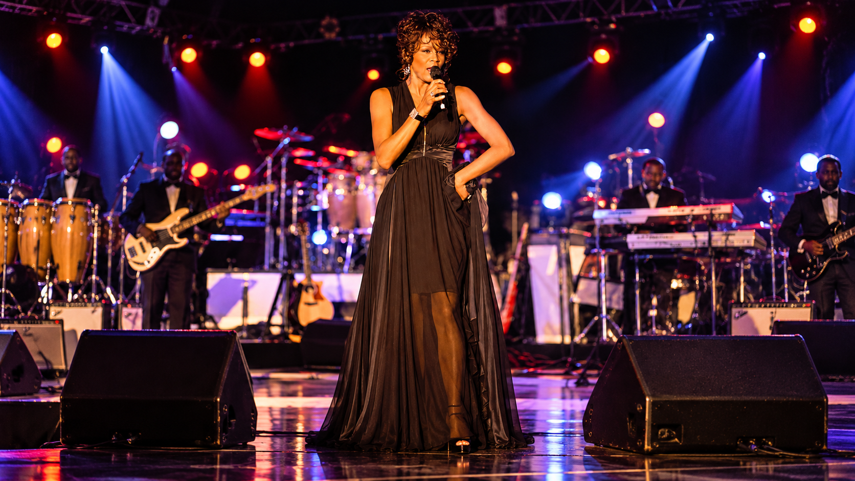 Whitney Houston wearing a black BODYAMR gown in concert, photograph 1