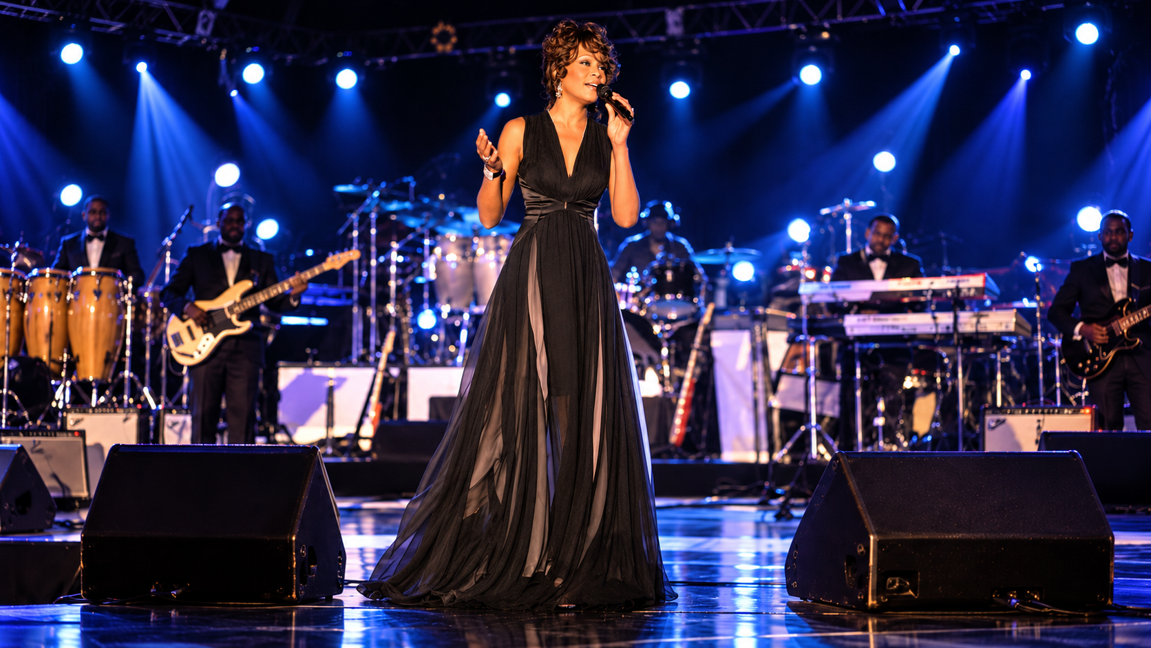 Whitney Houston wearing a black BODYAMR gown in concert, photograph 2