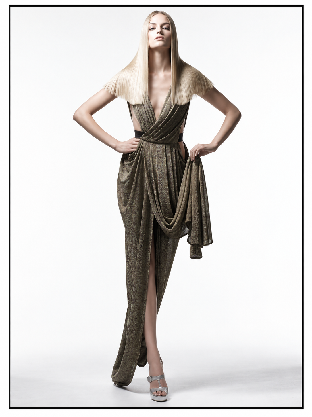 BODYAMR Collection 2003 — Bronze metallic draped evening gown. Photography by Matthew Eades for BODYAMR.