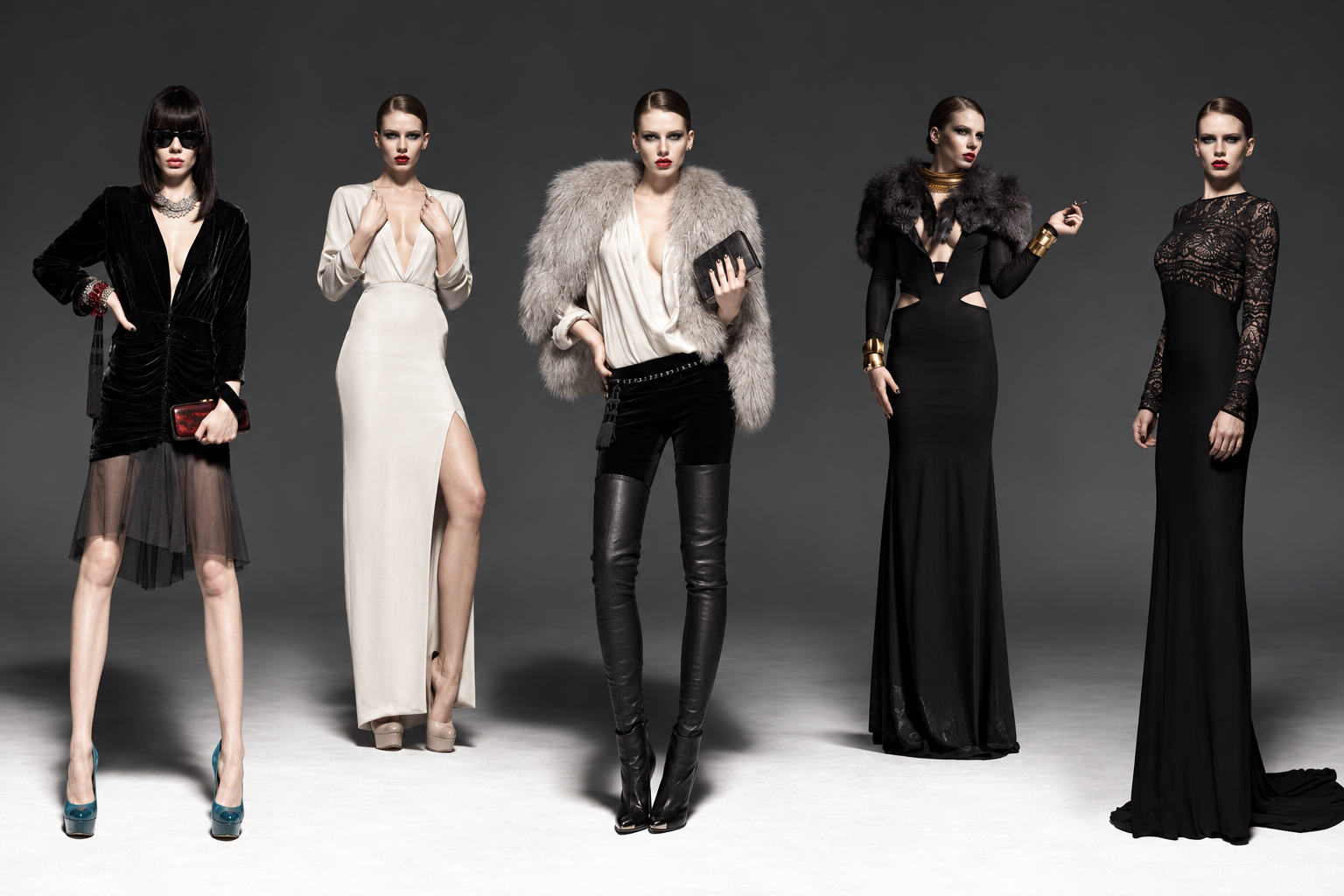 BODYAMR 2012 studio fashion collection: five models wearing sculptural black and white eveningwear by Omani designer Amr Ali.
