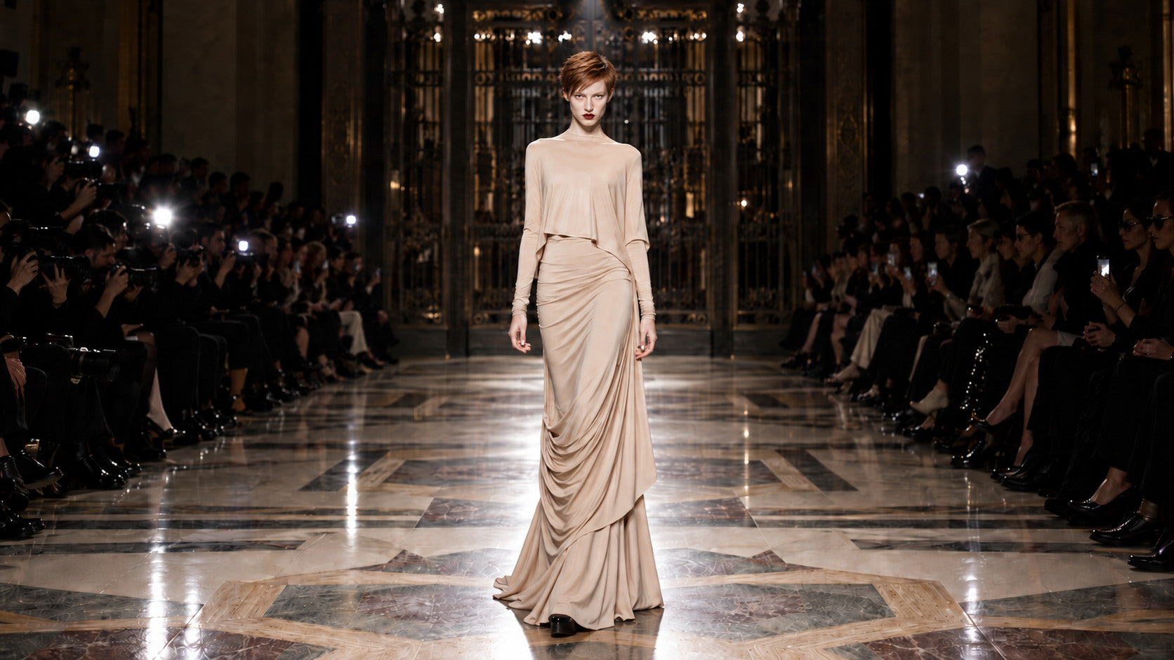 BODYAMR Autumn Winter 2010 runway look in a nude draped silk gown by Omani fashion designer Amr Ali