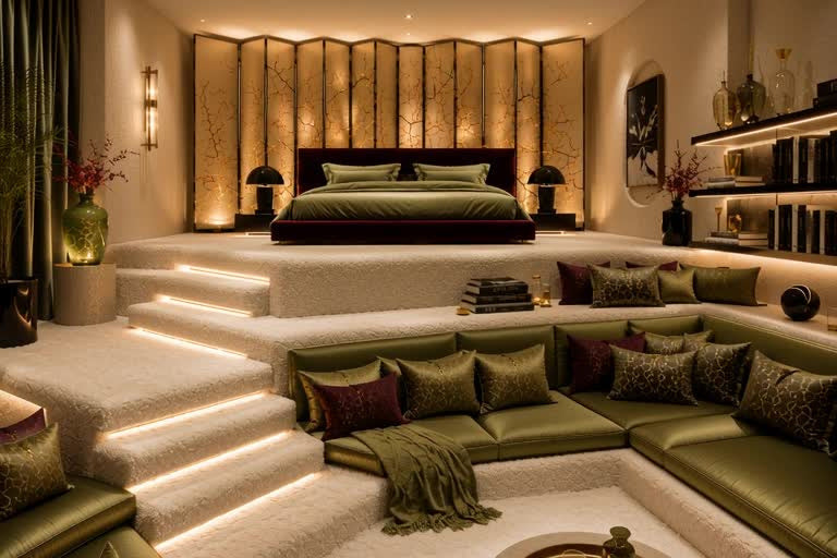 AMR Studio interior design with olive seating, illuminated steps and architectural detailing