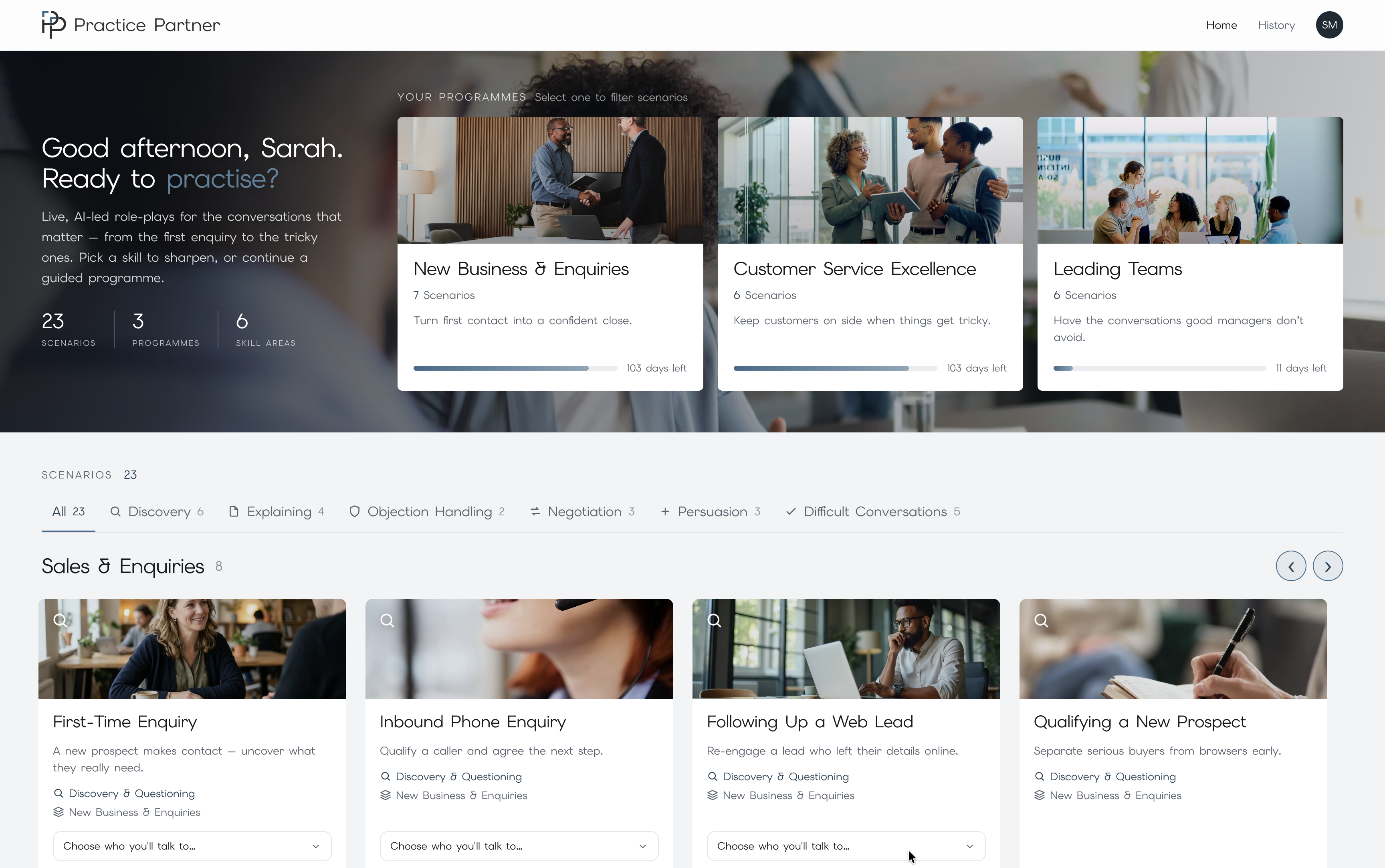 Practice Partner learner dashboard with programmes and progress