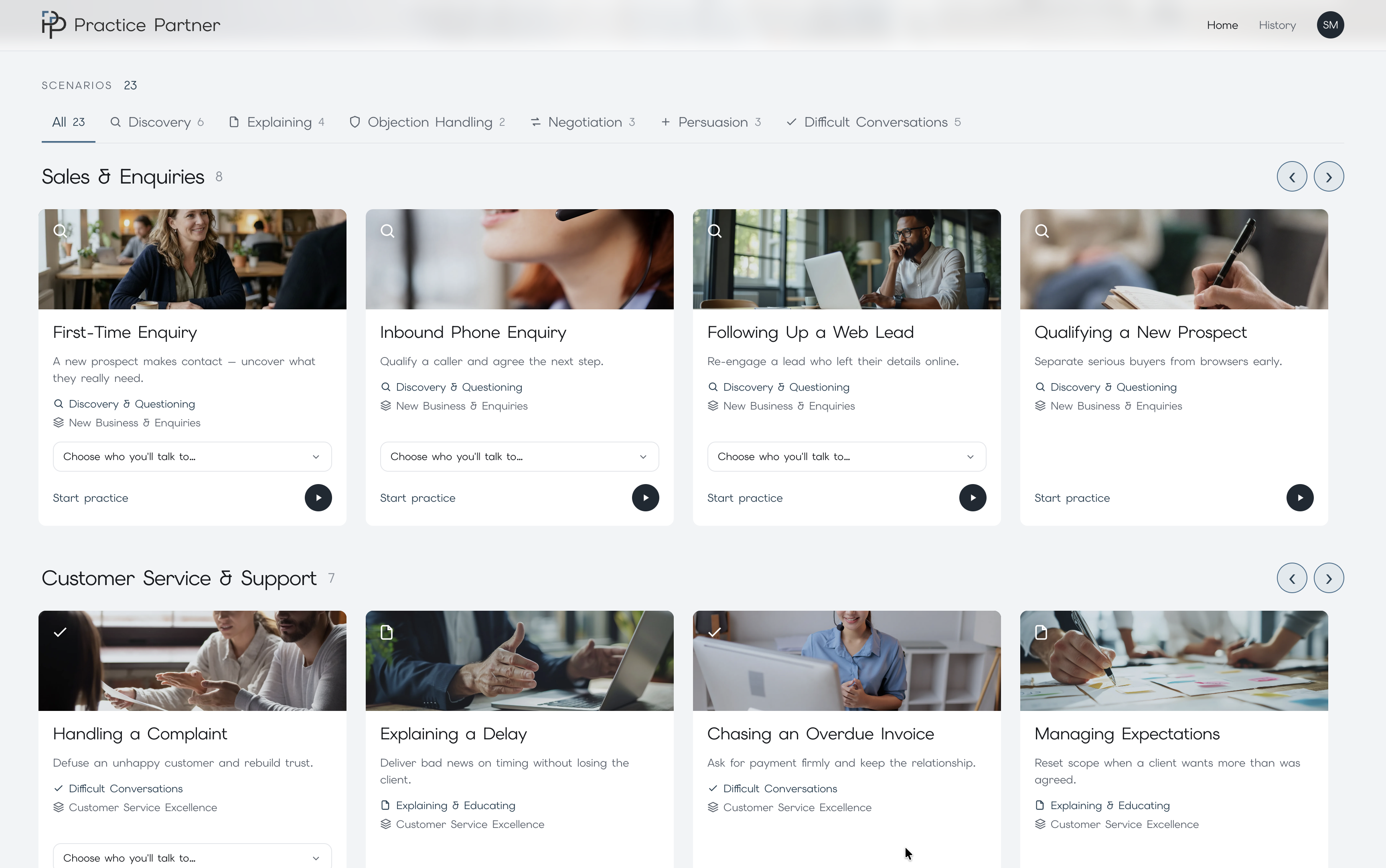 Practice Partner scenario library grouped by skill