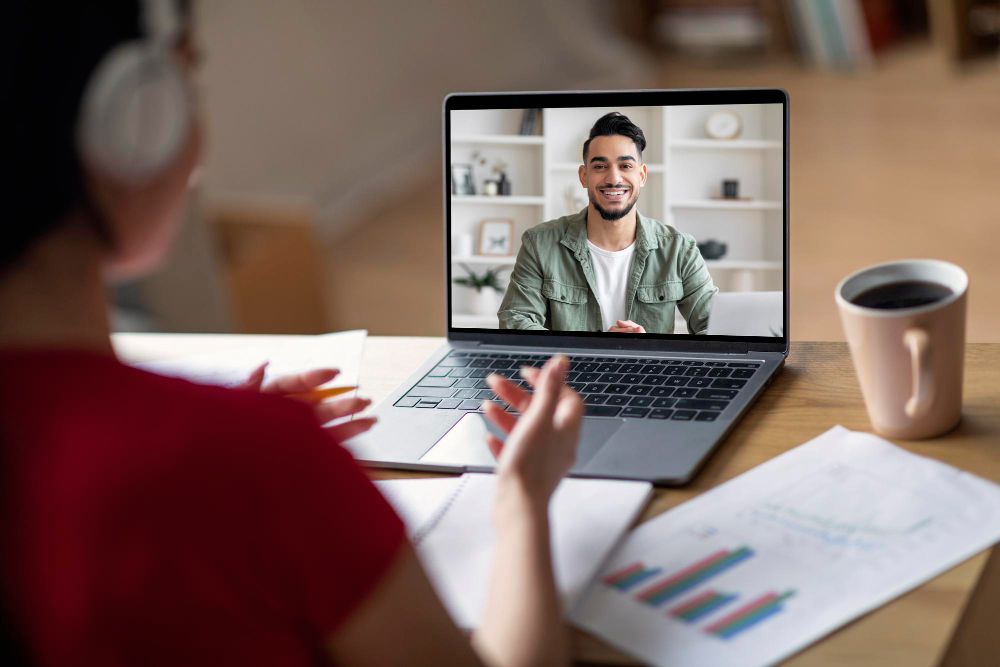 Learner rehearsing a conversation on a video call