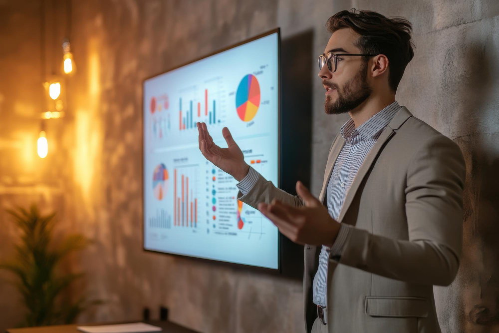 An executive presenting results to the business