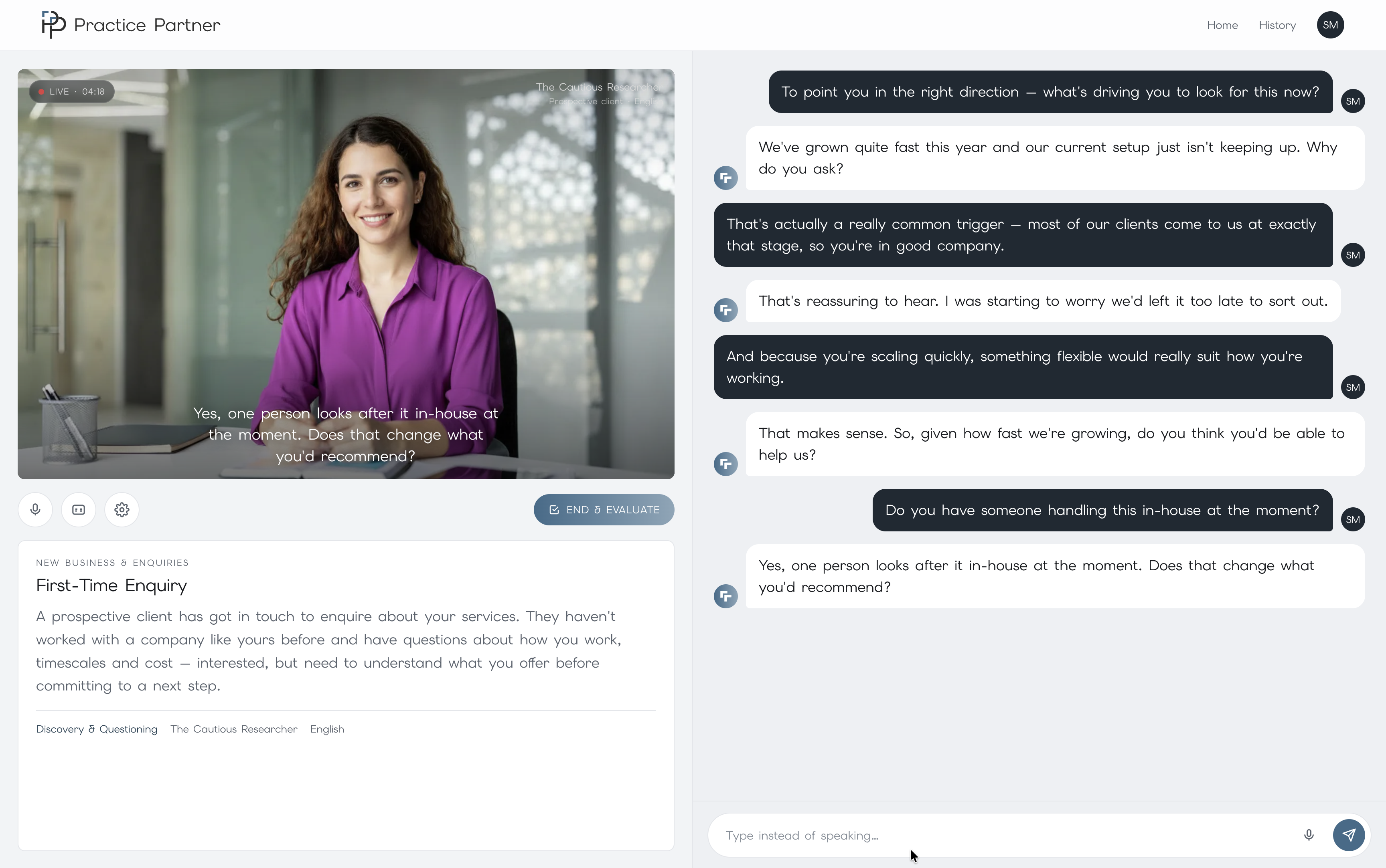 A live Practice Partner rehearsal with an AI participant and transcript