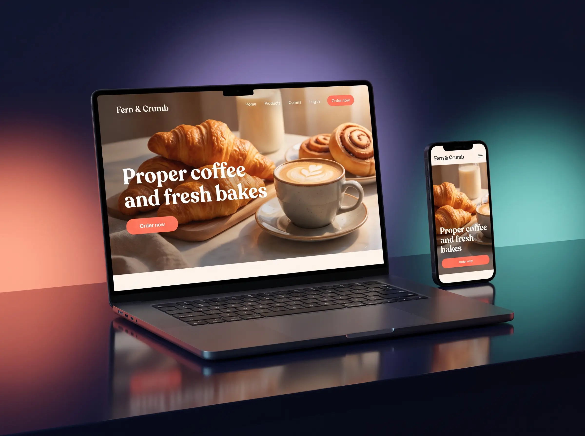 Laptop and phone showing a colourful website for a local café