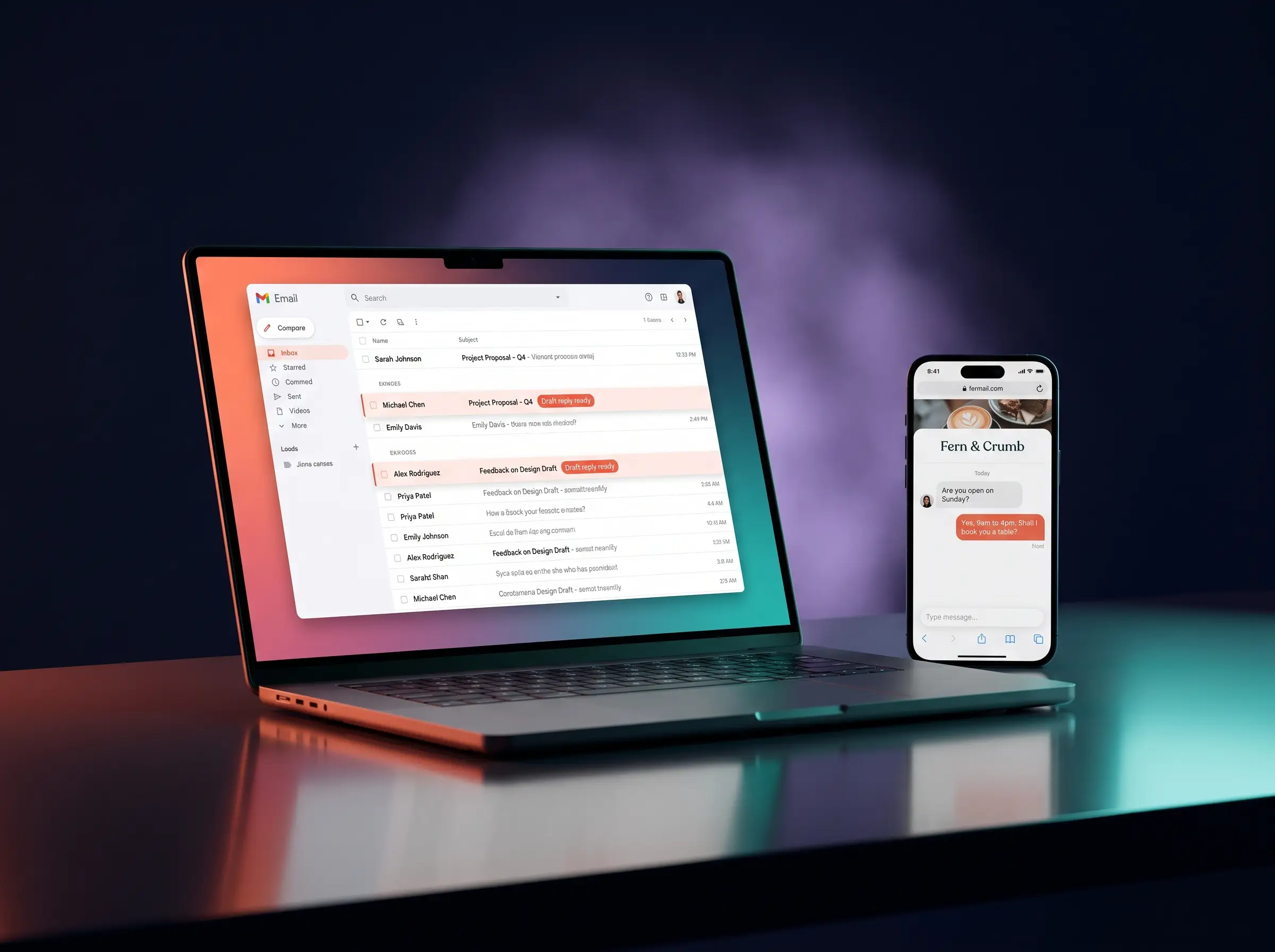 Laptop showing an inbox with draft replies ready and a phone showing a café chat assistant