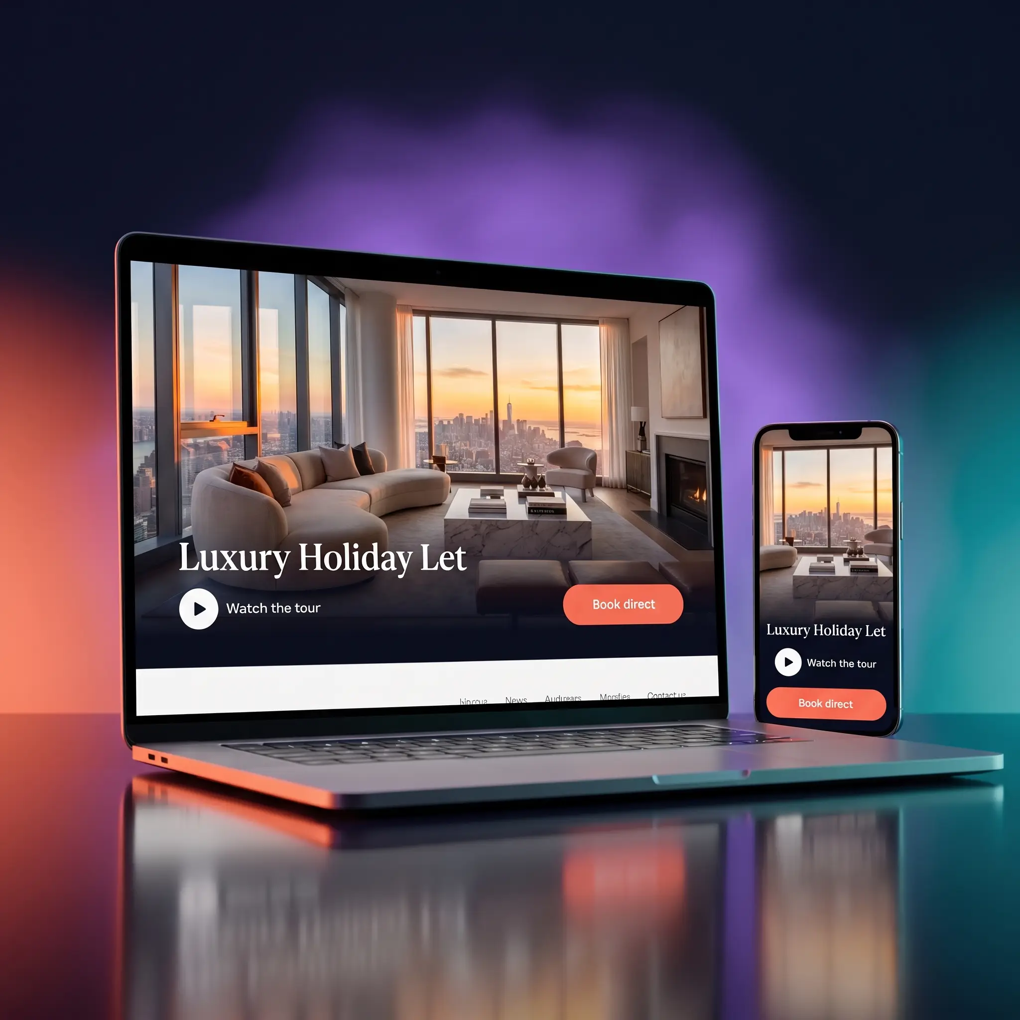 Laptop and phone showing a holiday-let booking website with a tour and Book direct button