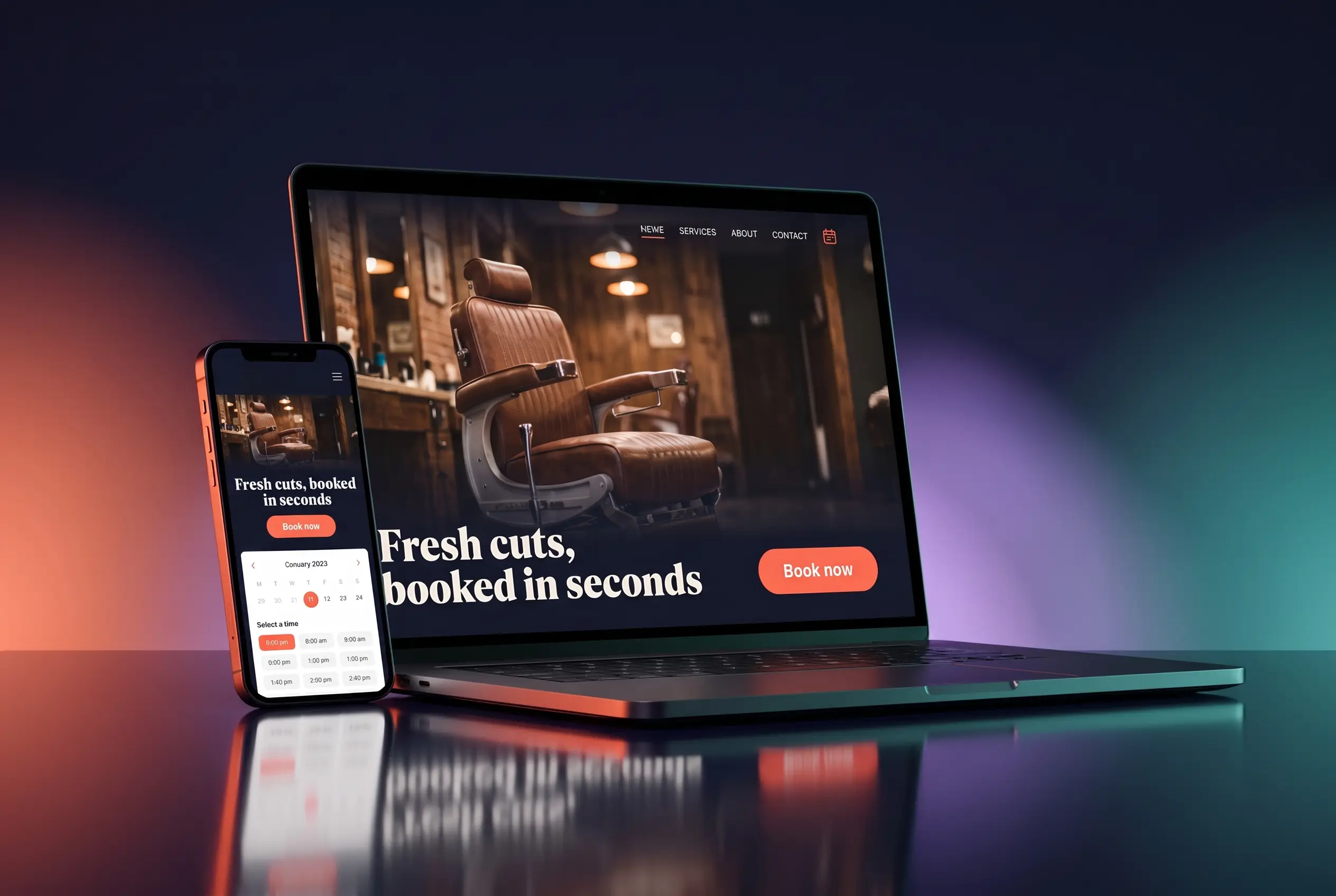 Laptop and phone showing a barber shop website with online booking