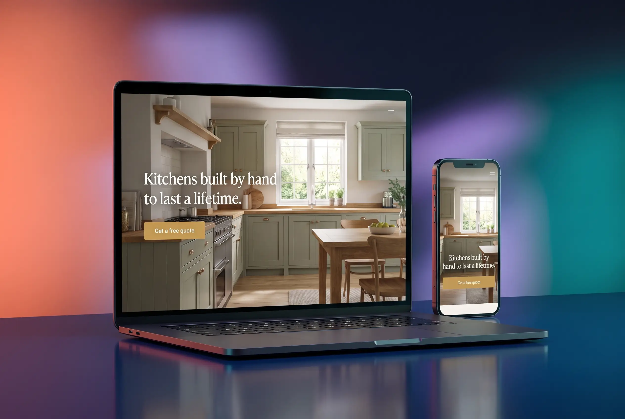 Laptop and phone showing a joinery and kitchens website with a free quote button