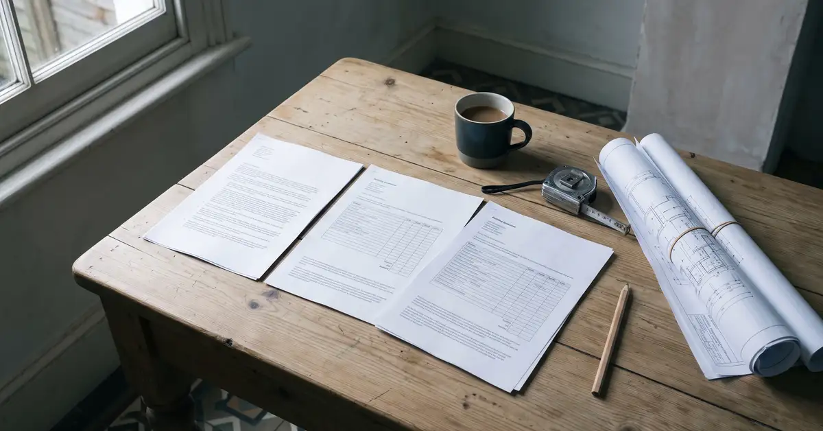 Three printed building quotations laid out on a kitchen table with rolled architectural drawings, a tape measure and a pencil.
