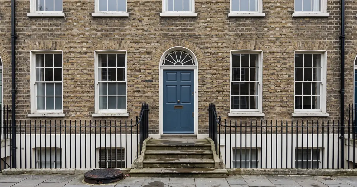 A Georgian London townhouse with a fanlight over the front door, original sash windows with glazing bars, iron railings and worn stone steps.