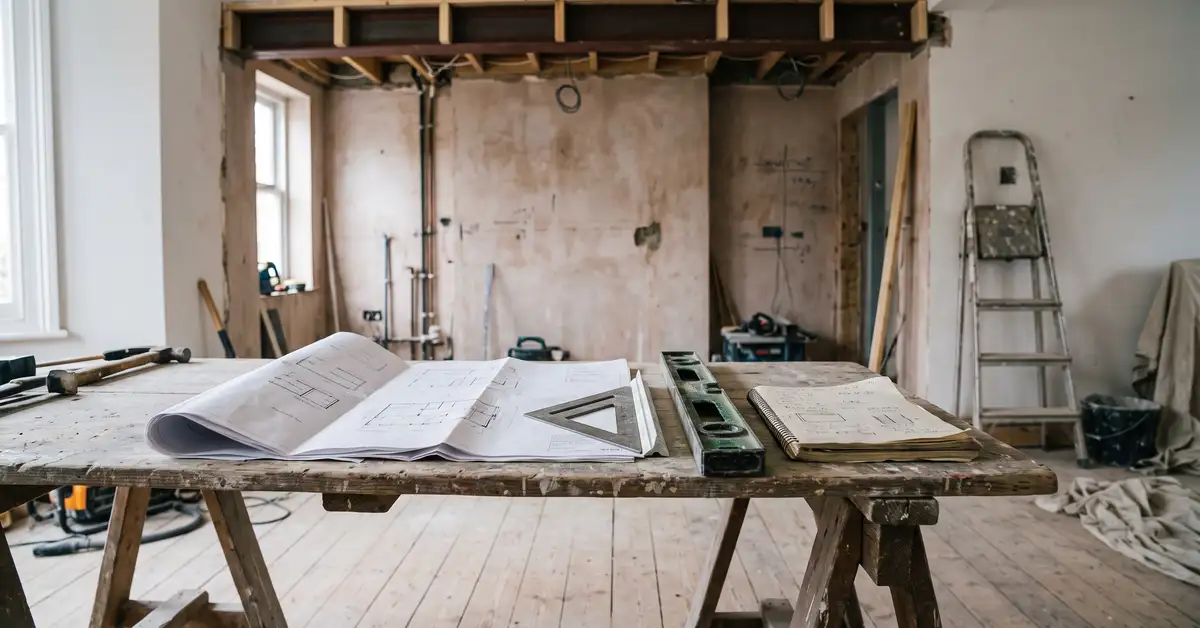 Architectural drawings and a site notebook spread on a table in a house under renovation, with a bare plastered wall and a steel beam visible behind.