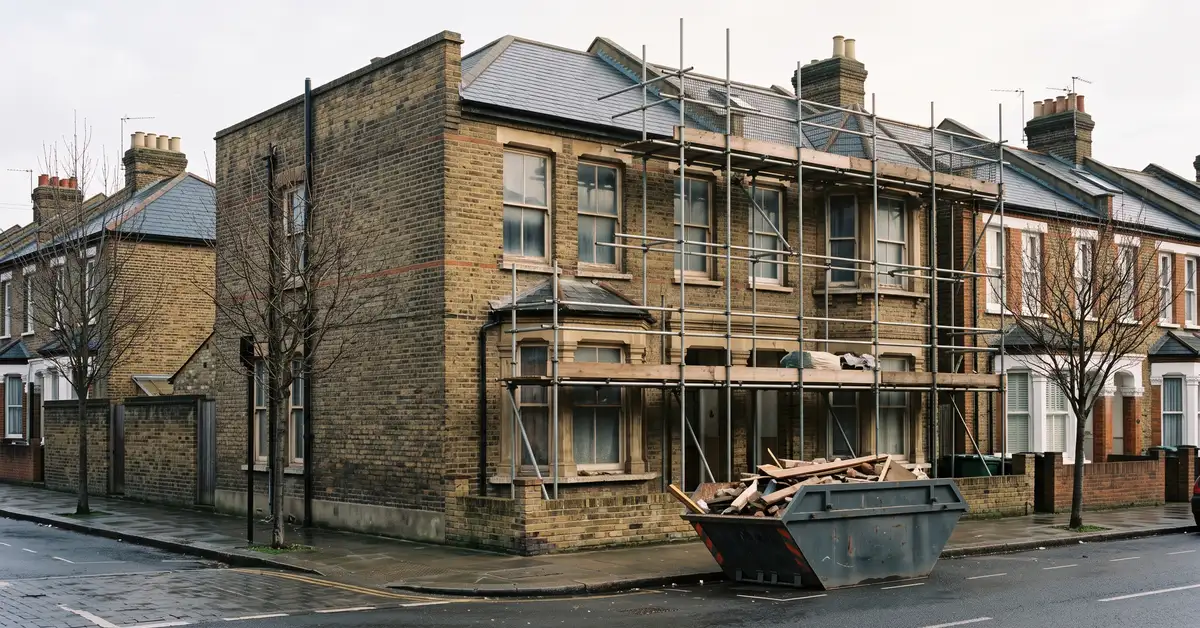 A London Victorian terraced house mid-renovation, with scaffolding across the front elevation and a skip at the kerb on a wet overcast day.