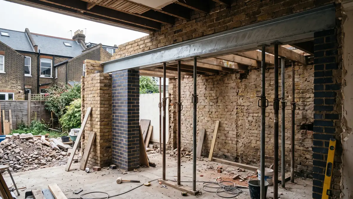 A side return extension under construction on a Victorian London terrace, with a new galvanised steel beam spanning the opening and acrow props still in place beneath it.