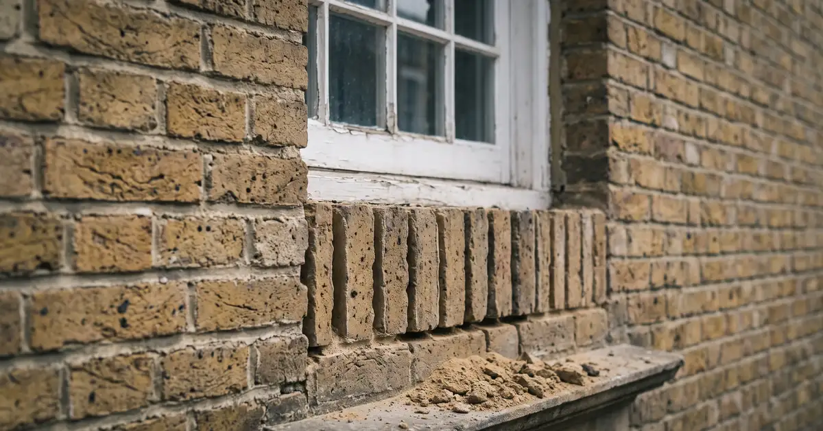 Close detail of a Victorian London wall in yellow stock brick and lime mortar, with a timber sash window and a section of pointing raked out ready for repointing.
