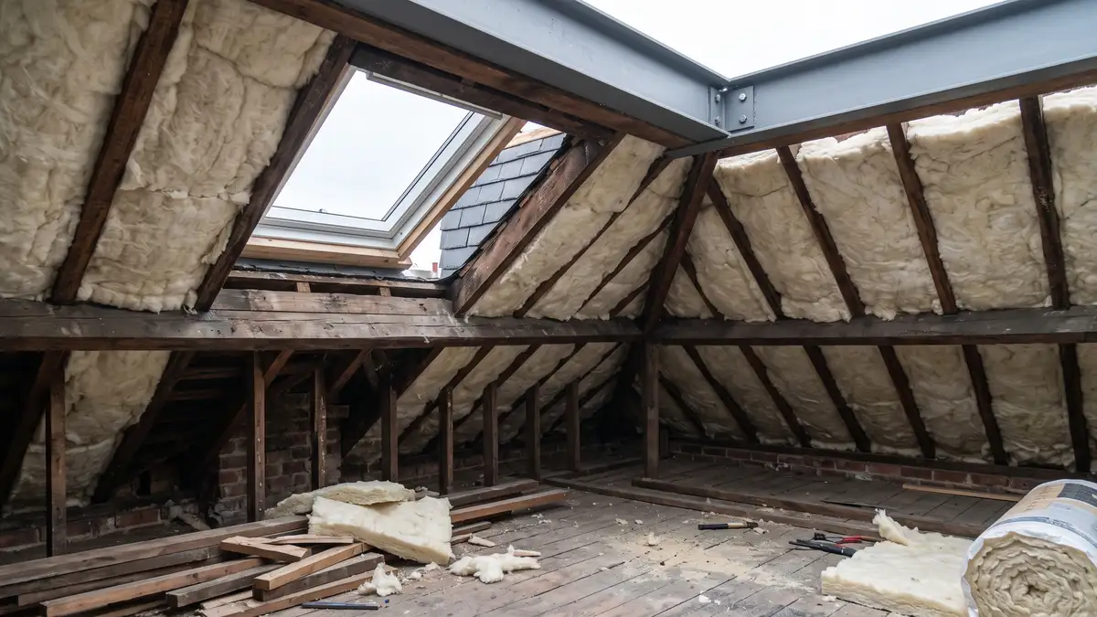 The inside of a London loft being converted, with original timber rafters and purlins exposed, new insulation fitted between and over them, and a rooflight letting in daylight.