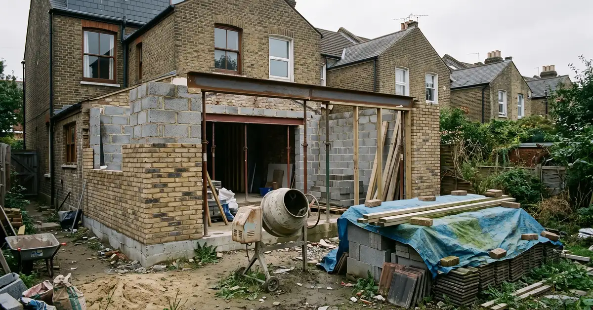 A half-finished single storey rear extension abandoned mid-build, with blockwork walls, no roof, materials under a weathered tarpaulin and weeds coming up through the sand.