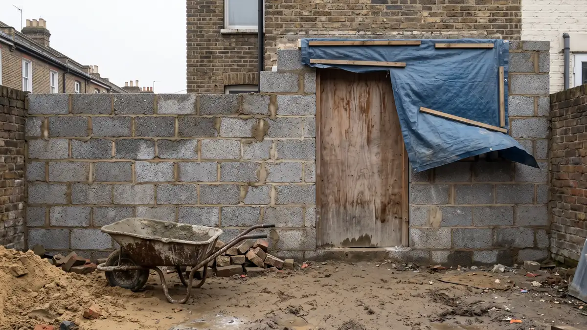 A part-built garden-facing wall on a stalled building project, with blockwork left at an uneven height, a door opening boarded over with weathered plywood and a wheelbarrow of hardened cement.